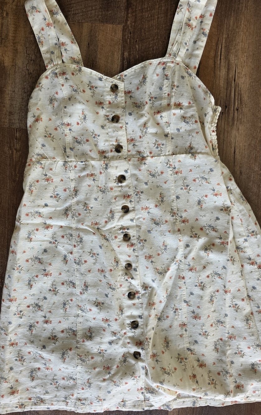 American Eagle Cream Button Front Floral Dress with Pink & Blue Sprigs Size M